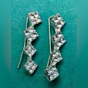 Rhinestone & Silver Tone Fishhook Earrings
